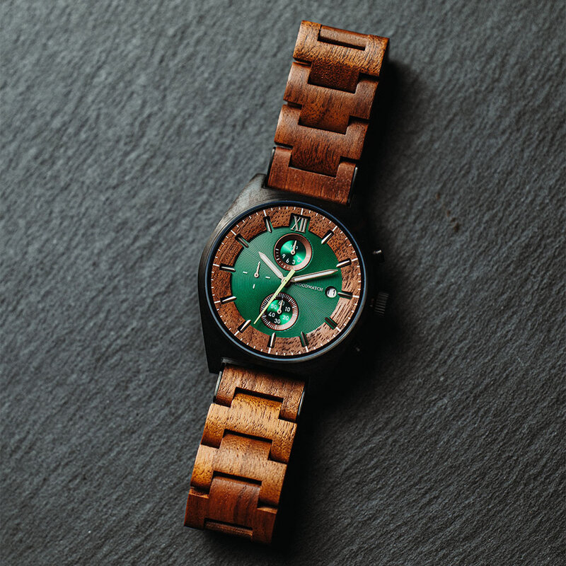 Verdant is made of Acacia wood, featuring a green dial.