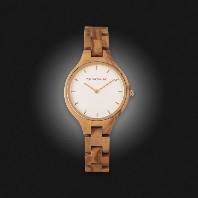 The AURORA Collection breaths the fresh air of Scandinavian nature and the astonishing views of the sky. This light weighing watch is made of European Olive Wood, accompanied by a light stainless-steel dial with a golden highlight and shining golden detai