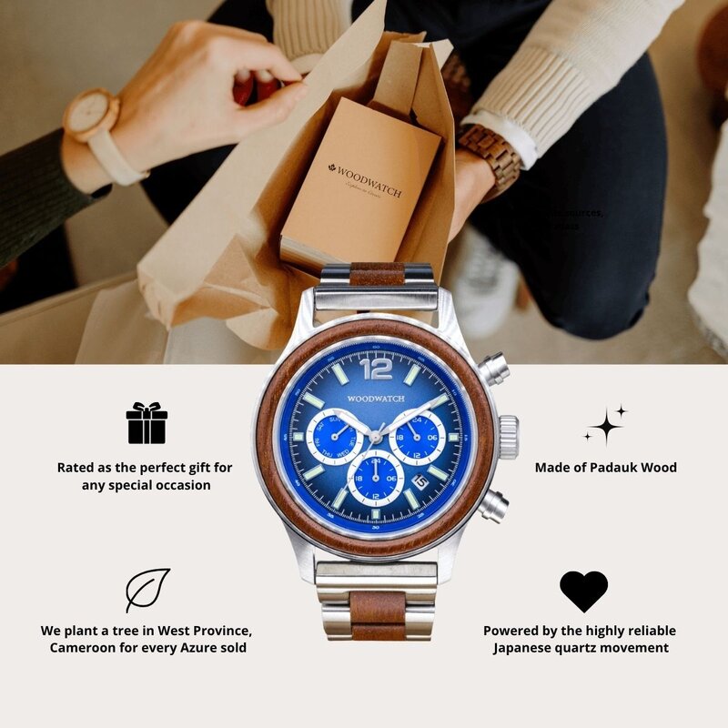 Apex Elite: Sophisticated wooden watches for men. Features Japanese Movement, chronograph, stainless steel, natural wood, blue dial. Durable and stylish.