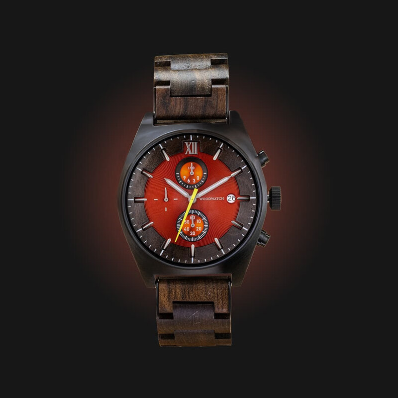 Phoenix is made of Black Sandalwood, featuring an orange dial.
