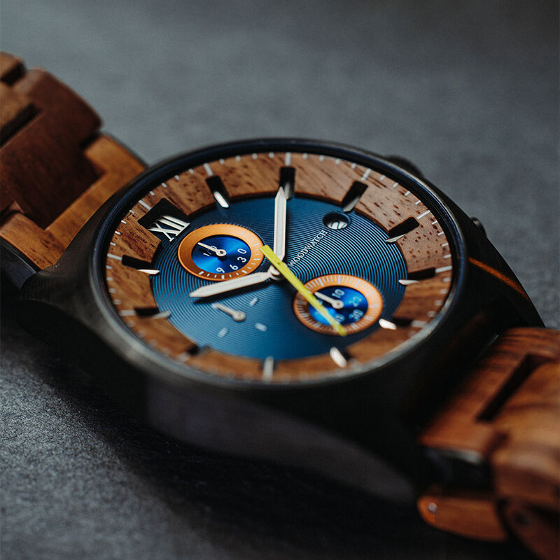 Oceanic is made of Kosso wood, featuring a blue dial.