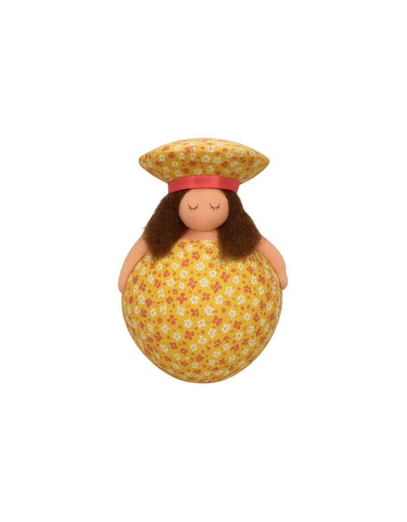 Dikke dame klein geel met hoedje