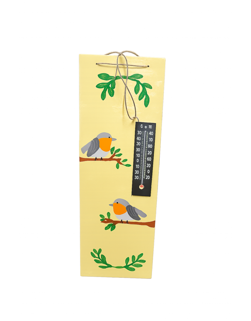 Thermometer  geel met vogels