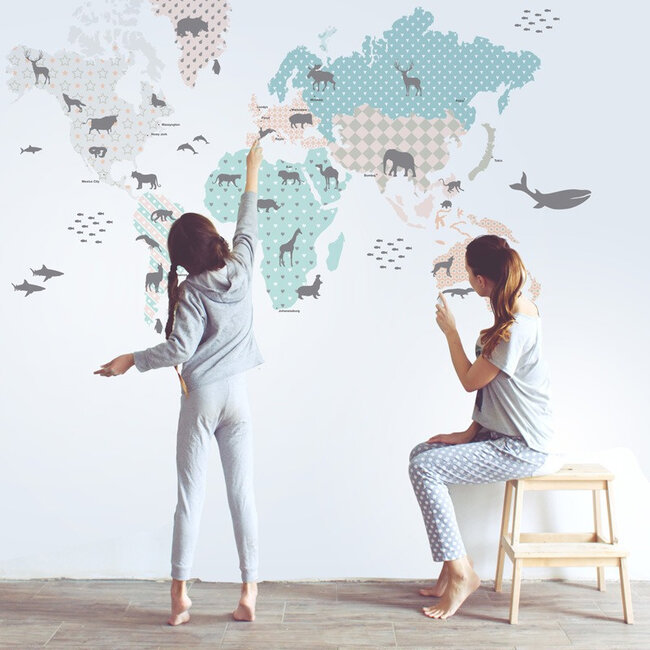 Dekornik Muurstickers Kinderkamer World Map Pastel