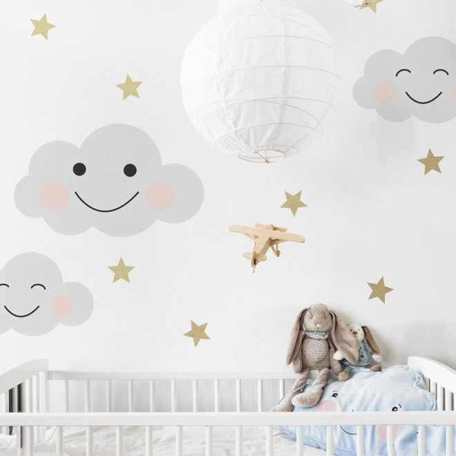 Muurstickers Kinderkamer Happy Clouds Grey