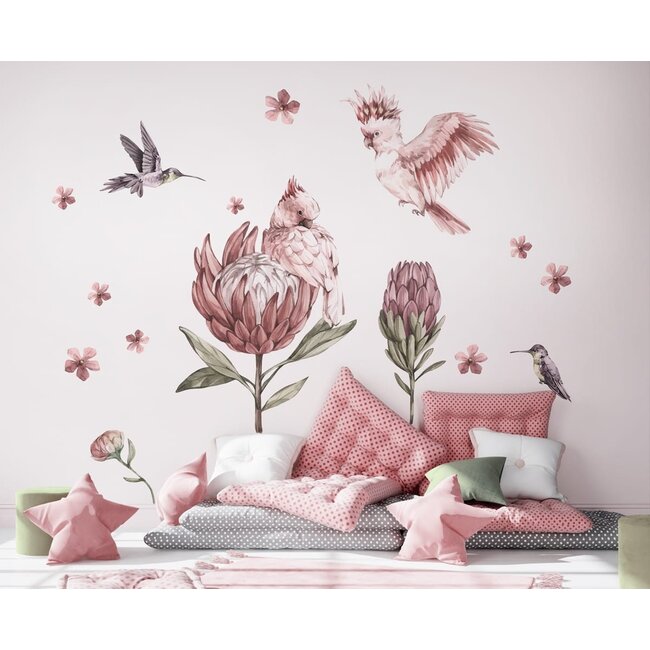 Muurstickers Kinderkamer Kakatoes en Bloemen
