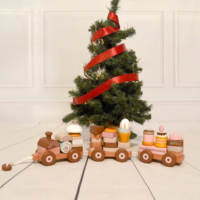 Magni Aps Houten Speeltrein met stapelbare taart en snoep