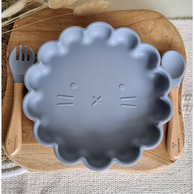 rammelaartje Siliconen Eetsetje Leeuw Blauwgrijs