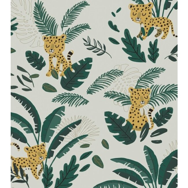 Lilipinso Wallpaper- Cheetah & Tropical Leaves (Light Green Background) Lilipinso