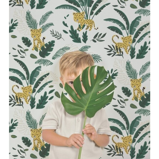 Lilipinso Wallpaper- Cheetah & Tropical Leaves (Light Green Background) Lilipinso