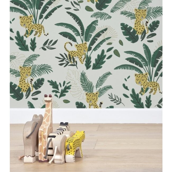 Lilipinso Wallpaper- Cheetah & Tropical Leaves (Light Green Background) Lilipinso
