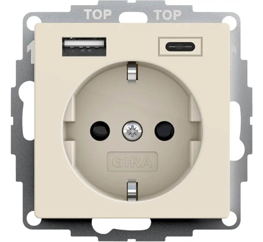 wandcontactdoos randaarde USB-A en USB-C met verhoogde aanraakbeveiliging Systeem 55 creme glans (245901)