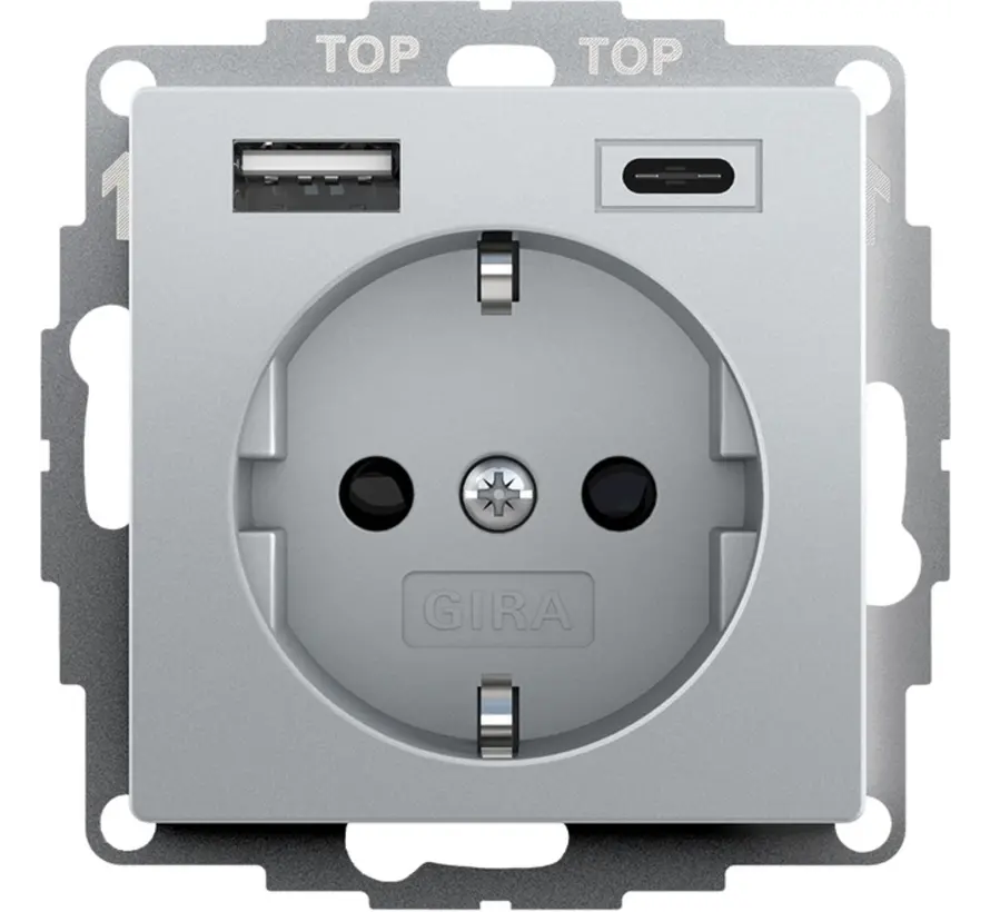 wandcontactdoos randaarde USB-A en USB-C met verhoogde aanraakbeveiliging Systeem 55 aluminium mat (245926)