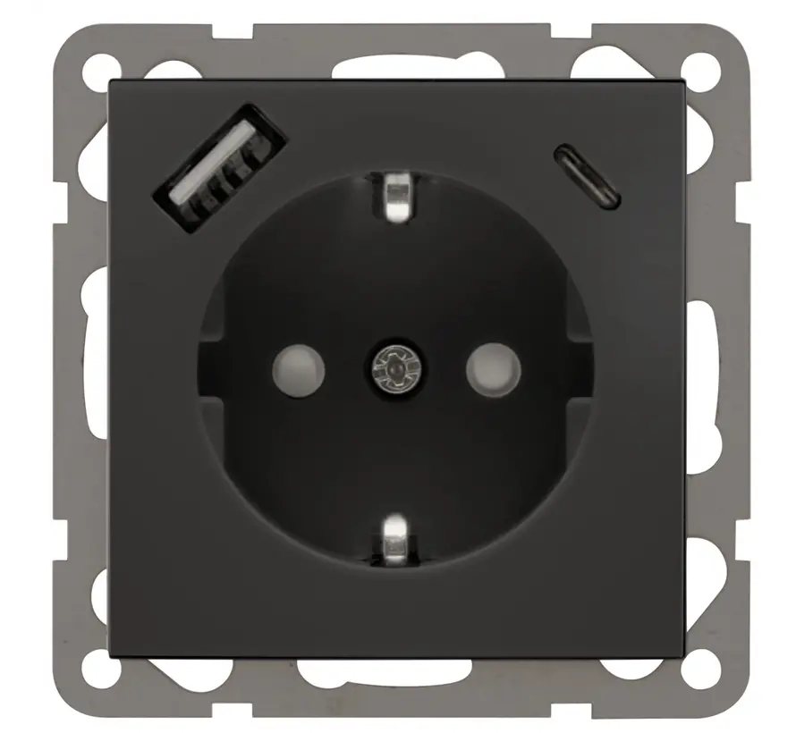 wandcontactdoos randaarde met USB A-C aansluiting 3.4 A Badora zwart mat (D 11.6511.193 SI USB)