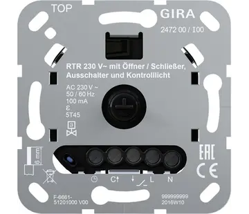 Gira basiselement ruimtetemperatuurregelaar 230V met verbreek-/maakcontact uitschakelaar en controlelamp (247200)