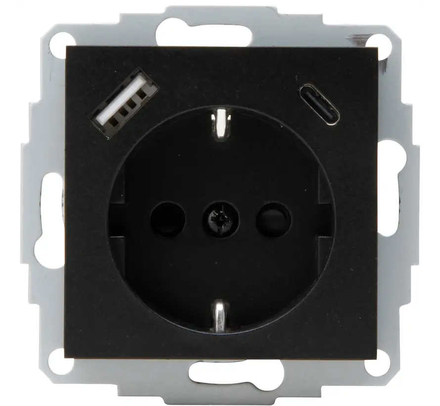 wandcontactdoos randaarde USB-A en USB-C met verhoogde aanraakbeveiliging HK07 Athenis zwart mat (297250007)