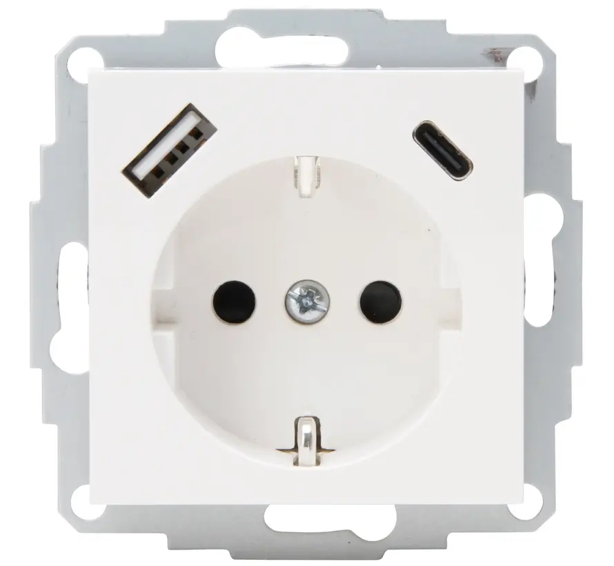 wandcontactdoos randaarde USB-A en USB-C met verhoogde aanraakbeveiliging HK07 Athenis helder wit glans (297229005)