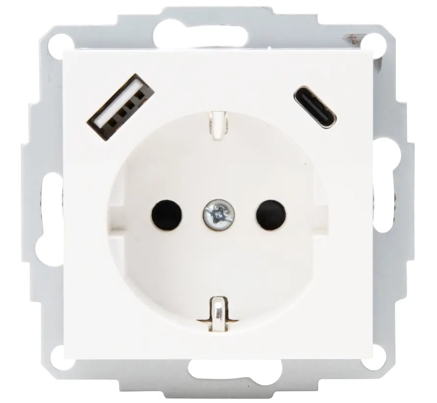 wandcontactdoos randaarde USB-A en USB-C met verhoogde aanraakbeveiliging HK07 Athenis arctic wit glans (297213002)
