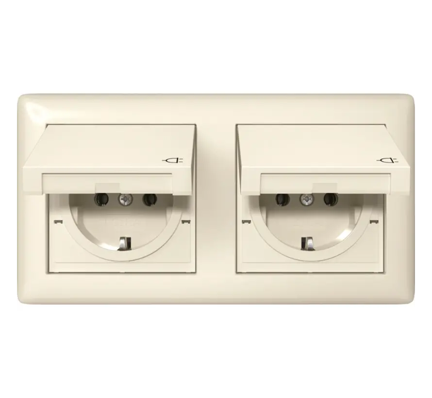 wandcontactdoos randaarde klapdeksel 2-voudig IP44 compleet Standaard 55 creme glans (415801)