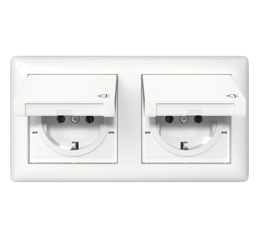 wandcontactdoos randaarde klapdeksel 2-voudig IP44 compleet Standaard 55 wit glans (415803)