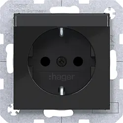 Hager Berker wandcontactdoos randaarde Safety Plus met tekstveld A1/A8/C1/C8 nachtzwart glans (WAS1201BG)