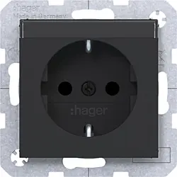 Hager Berker wandcontactdoos randaarde Safety Plus met tekstveld A1/A8/C1/C8 nachtzwart mat (WAS1201BM)