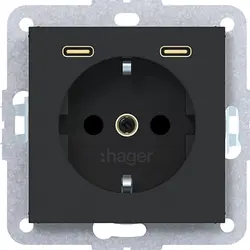 Hager Berker wandcontactdoos randaarde met 2x USB-C A1/A8/C1/C8 nachtzwart mat (WAS4055BM)