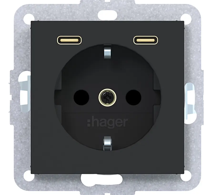 wandcontactdoos randaarde met 2x USB-C A1/A8/C1/C8 nachtzwart mat (WAS4055BM)