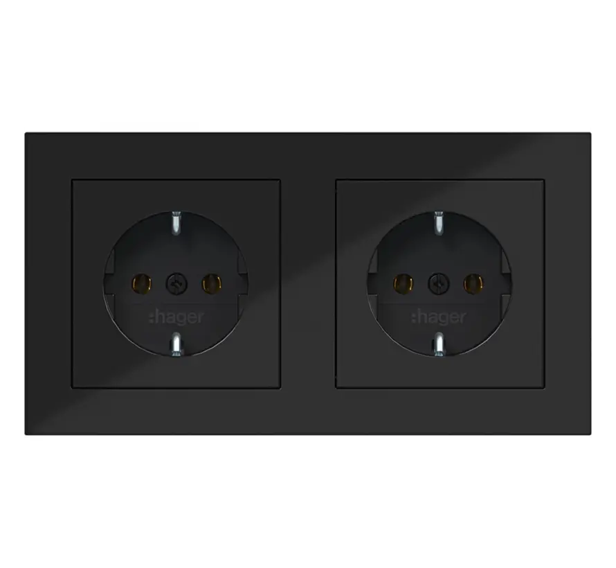 wandcontactdoos 2-voudig randaarde voorbedraad voor duo-inbouwdoos A1 nachtzwart glans (WAS2123BG)