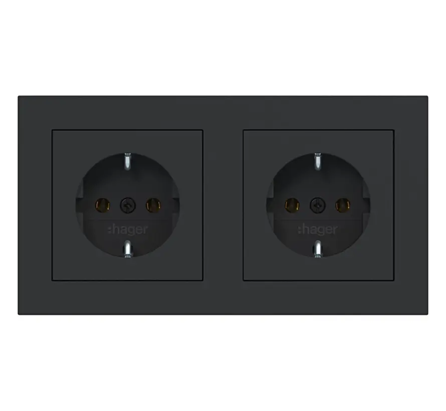 wandcontactdoos 2-voudig randaarde voorbedraad voor duo-inbouwdoos A1 nachtzwart mat (WAS2123BM)