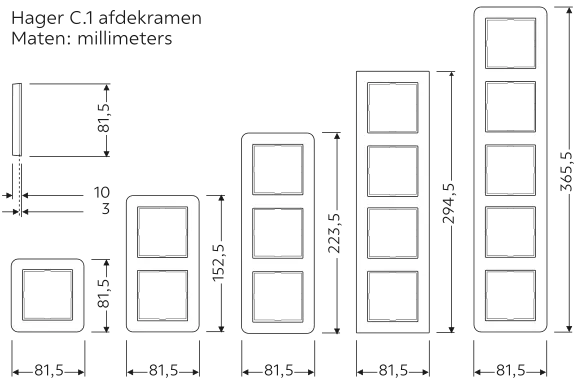 tekening Hager C1 schakelmateriaal met maatvoering