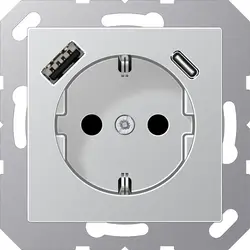 JUNG wandcontactdoos randaarde Safety+ met USB type A en C A-range aluminium (A 1520-15 CA AL)