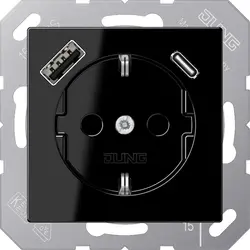 JUNG wandcontactdoos randaarde Safety+ met USB type A en C A-range zwart glans (A 1520-15 CA SW)