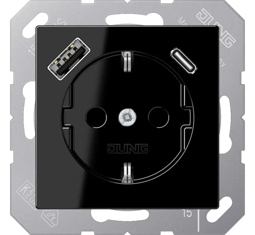 wandcontactdoos randaarde Safety+ met USB type A en C A-range zwart glans (A 1520-15 CA SW)
