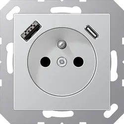 JUNG wandcontactdoos penaarde Safety+ met USB type A en C A-range aluminium (A 1520 F-15 CA AL)
