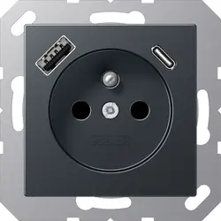 JUNG wandcontactdoos penaarde Safety+ met USB type A en C A-range antraciet mat (A 1520 F-15 CA ANM)
