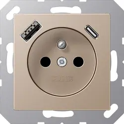 JUNG wandcontactdoos penaarde Safety+ met USB type A en C A-range champagne (A 1520 F-15 CA CH)