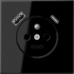 JUNG wandcontactdoos penaarde Safety+ met USB type A en C LS990 zwart glans (LS 1520 F-15 CA SW)