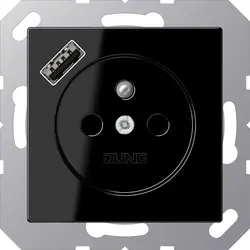 JUNG wandcontactdoos penaarde Safety+ met USB type A A-range zwart glans (A 1520 F-18 A SW)