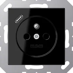 JUNG wandcontactdoos penaarde Safety+ met USB type C A-range zwart glans (A 1520 F-18 C SW)