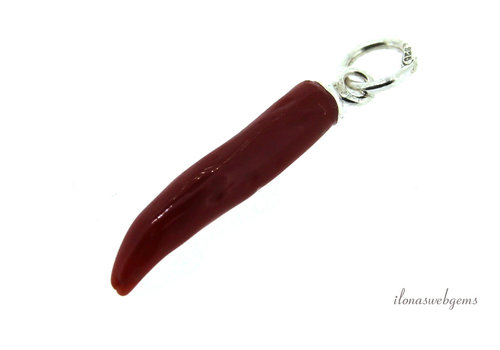 Sterling zilveren Bloedkoraal hoorntje 'Corallium Rubrum' ca. 25mm