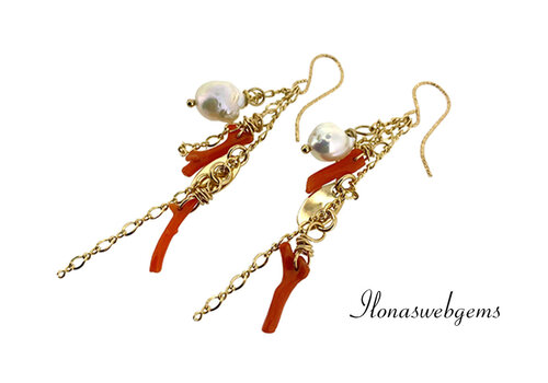 Inspiration: 14/20 Gold filled ear hooks with coral and freshwater pearl