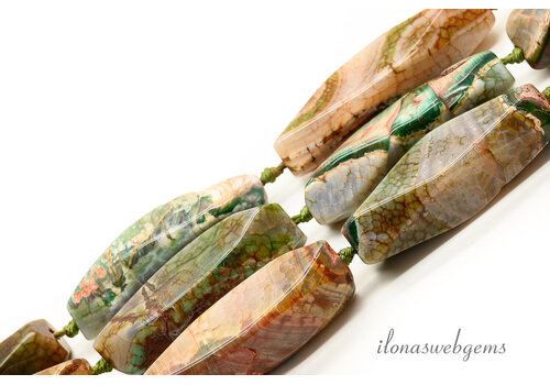 Agate beads faceted rods brown-green mix approx. 50x15mm