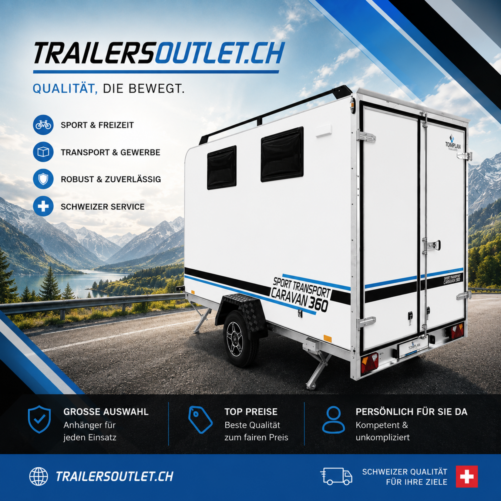 TOMPLAN Sportscaravan 360 – Caravane de transport sportif 3600 x 1800 x 1900 mm, 1300 kg