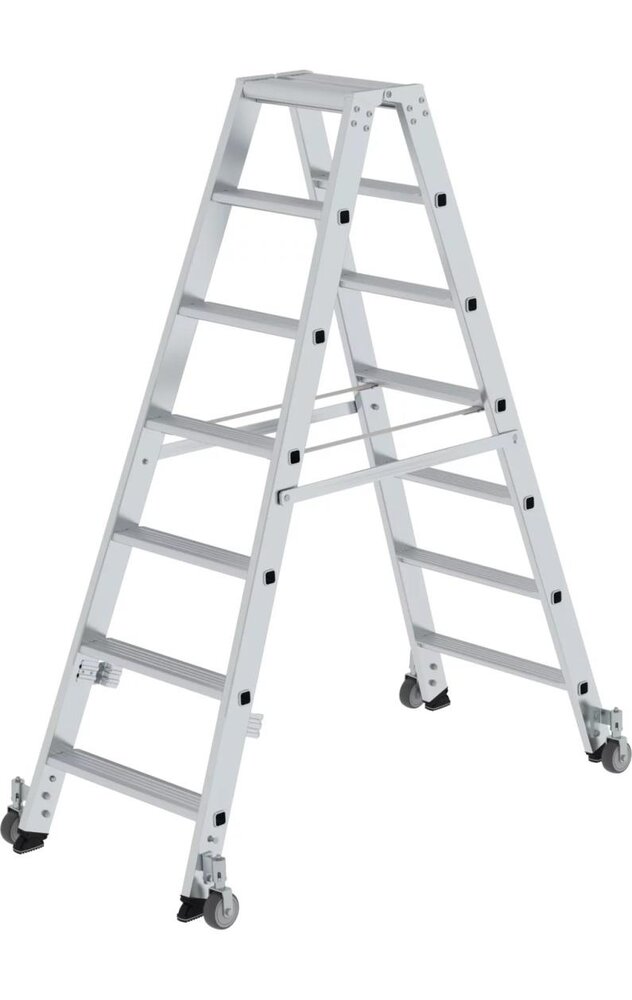 Roossien Aluminium dubbele trap, 2x7 treden, verrijdbaar