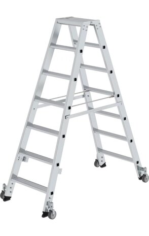 Roossien Aluminium dubbele trap, 2x7 treden, verrijdbaar