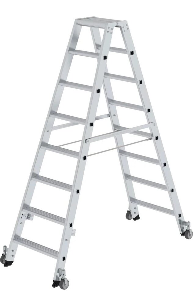 Roossien Aluminium dubbele trap, 2x8 treden, verrijdbaar