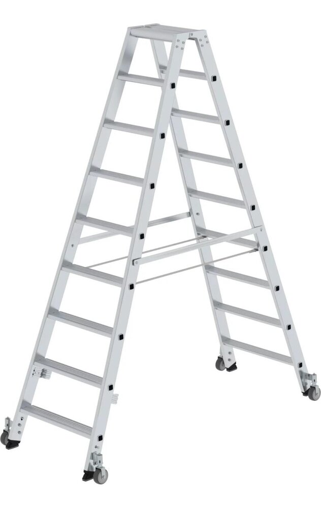 Munk Aluminium dubbele trap, 2x9 treden, verrijdbaar Munk Aluminium dubbele trap, 2x9 treden, verrijdbaar