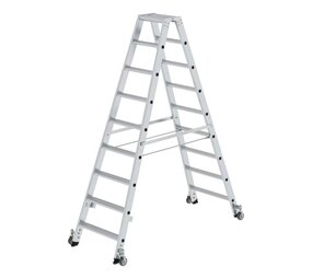 Munk Aluminium dubbele trap, 2x9 treden, verrijdbaar Munk Aluminium dubbele trap, 2x9 treden, verrijdbaar