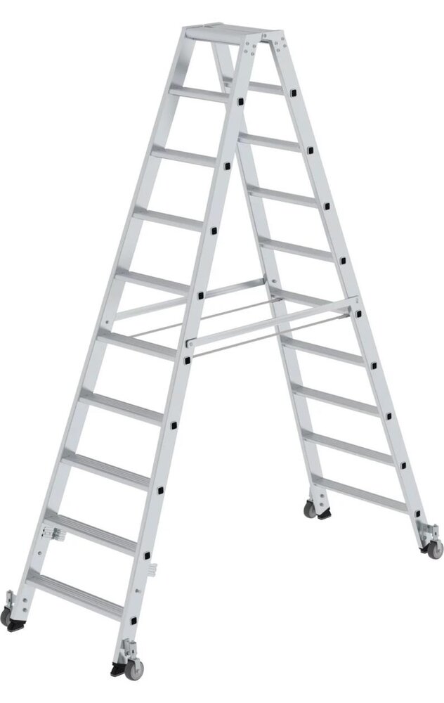 Roossien Aluminium dubbele trap, 2x10 treden, verrijdbaar Roossien Aluminium dubbele trap, 2x10 treden, verrijdbaar